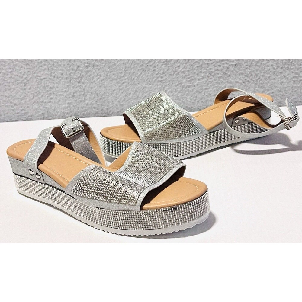 Soda Silver Rhinestone Platform Wedges Womens 10.5 Y2K Glam